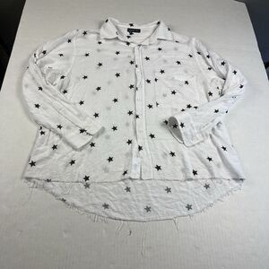 Robertson Rodeo Womens White Button Shirt Raw Hem Star Print Long Sleeve Large